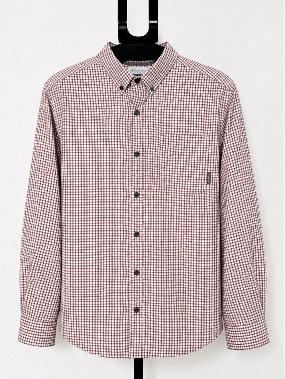 Columbia Men’s L Red White Gingham Button Down Long Sleeve Cotton Shirt -081-